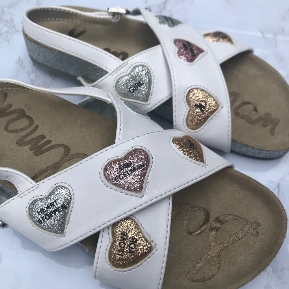 Sam Edelman girl’s Bethel Kandi white heart crisscross sandal shoes size 3